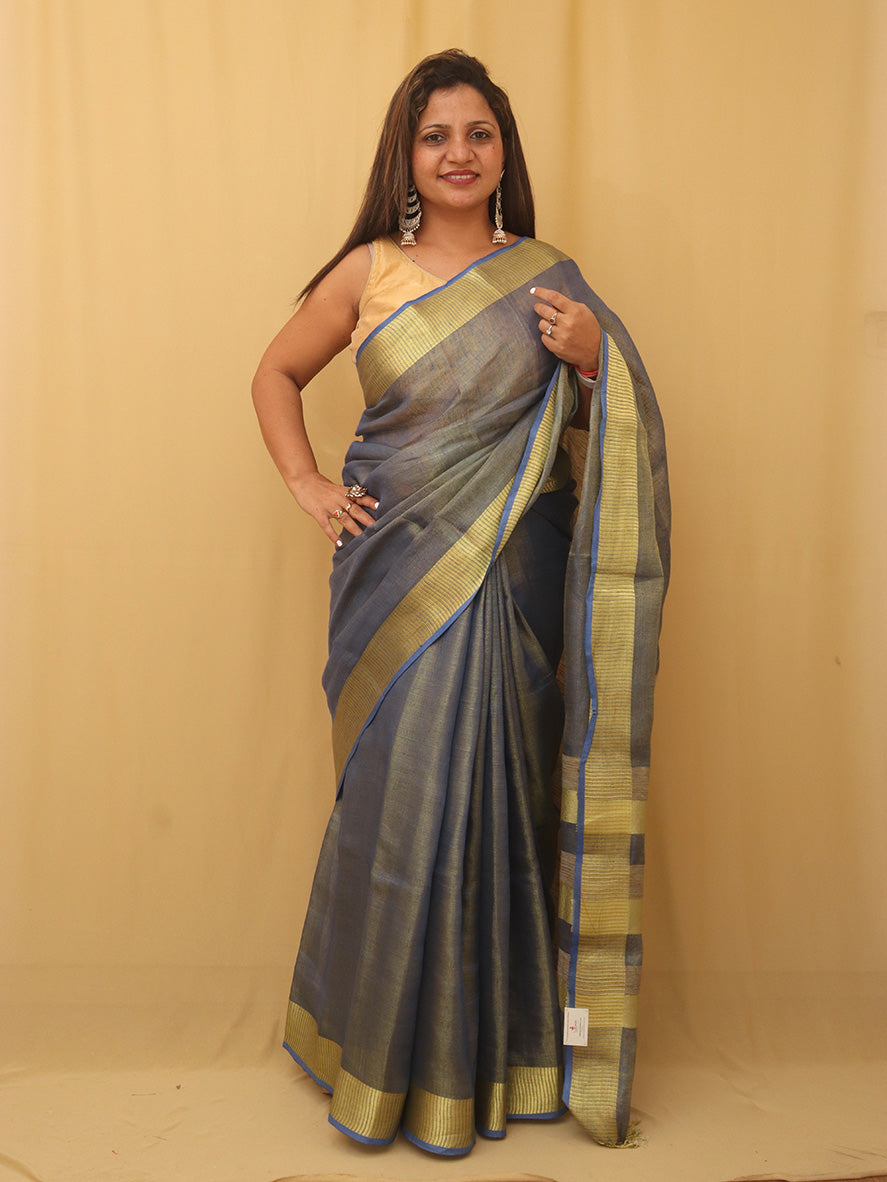 Blue Linen Tissue Silk Saree - Luxurion World