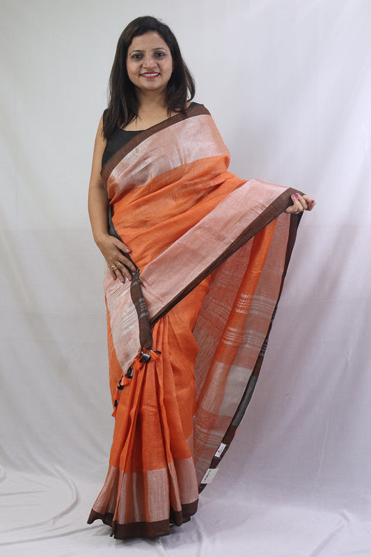 Stylish Orange Handloom Linen Saree for Elegant Women - Luxurion World