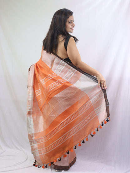 Stylish Orange Handloom Linen Saree for Elegant Women