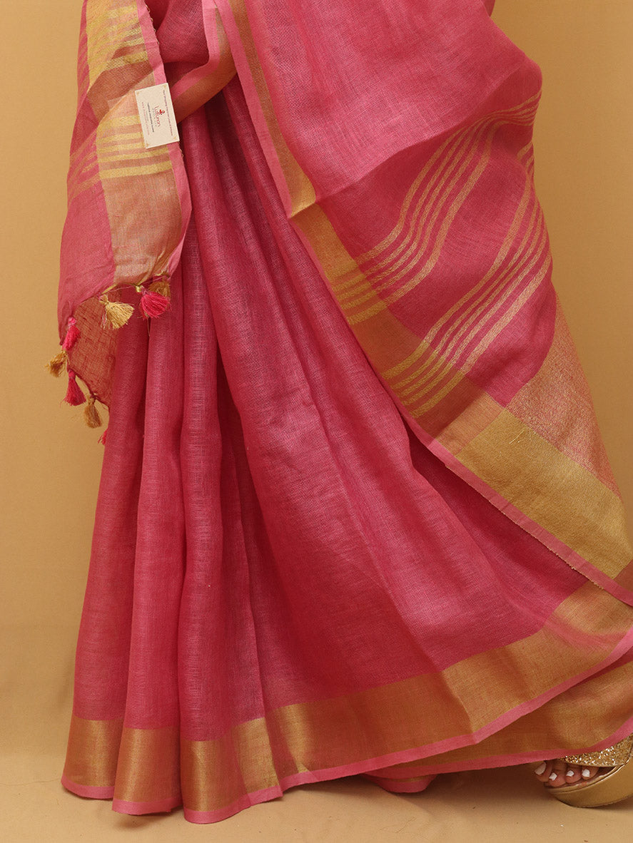 Pink Handloom Linen Saree - Luxurion World