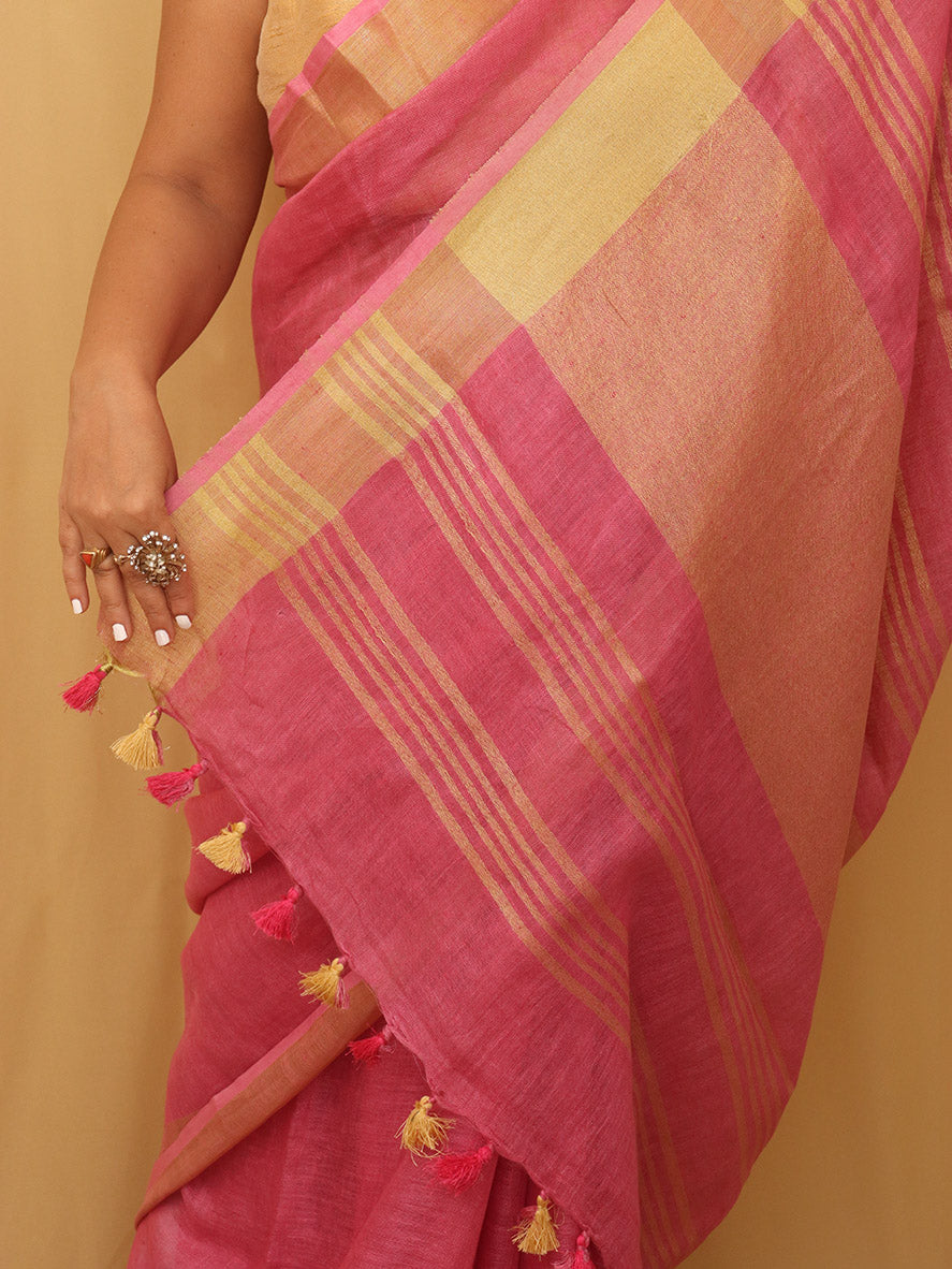 Pink Handloom Linen Saree - Luxurion World
