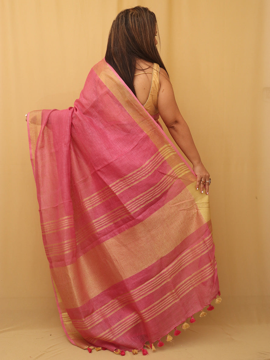 Pink Handloom Linen Saree - Luxurion World
