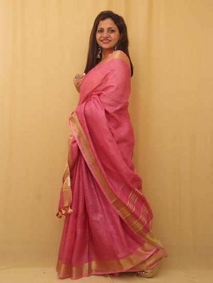 Pink Handloom Linen Saree