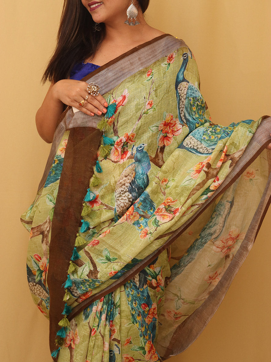 Green Digital Printed Linen Saree - Luxurion World