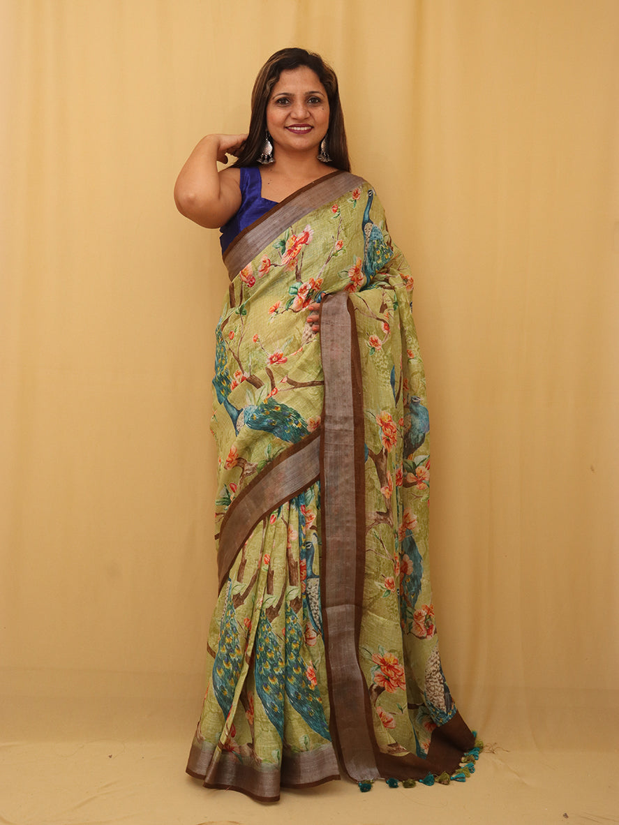 Green Digital Printed Linen Saree - Luxurion World