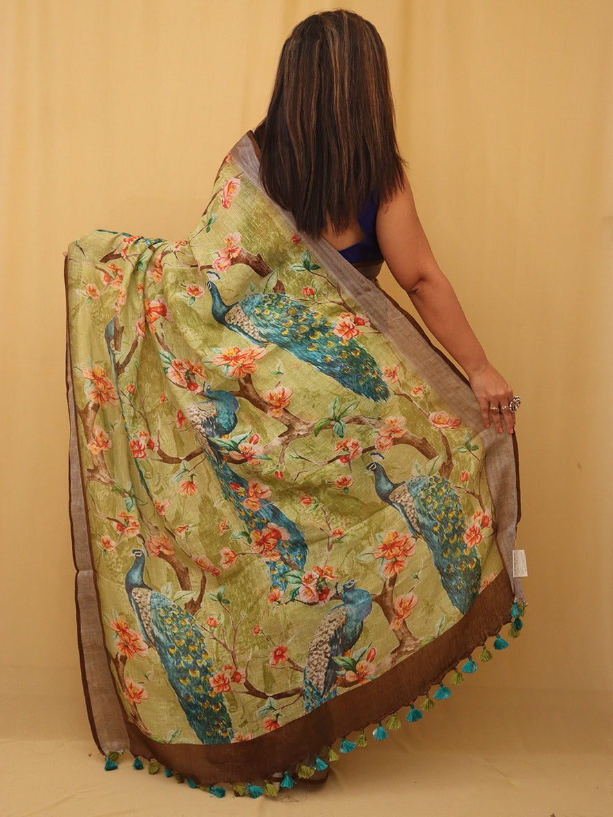 Green Digital Printed Linen Saree - Luxurion World