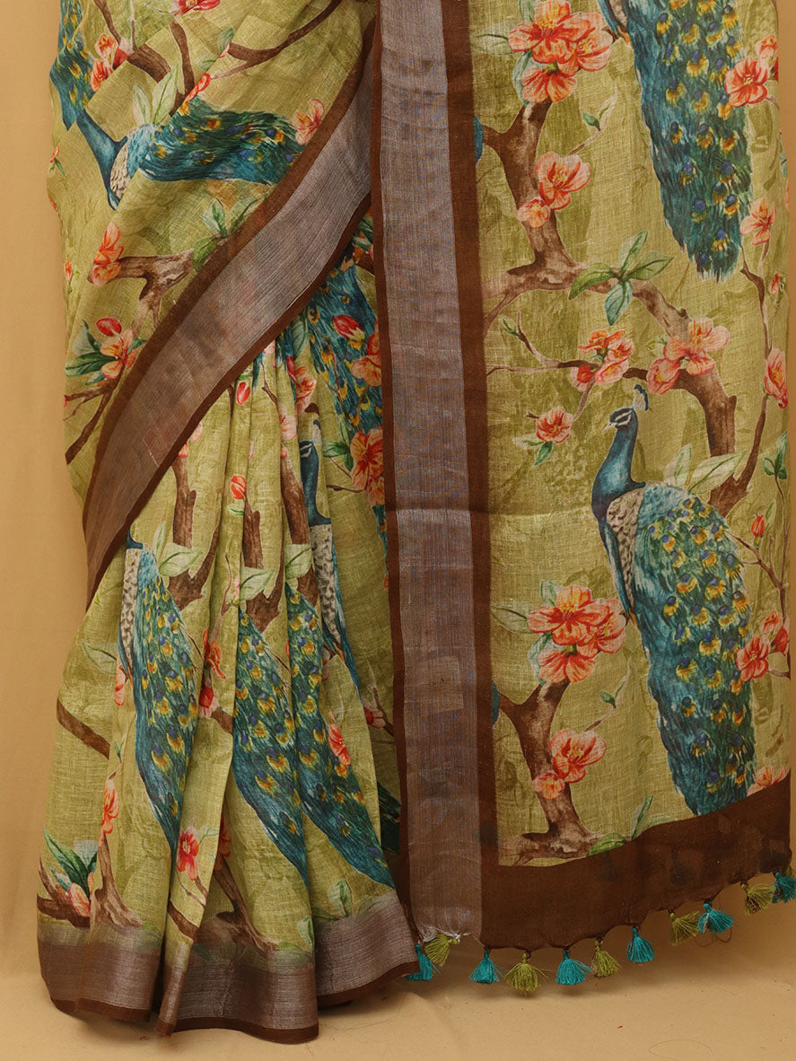 Green Digital Printed Linen Saree - Luxurion World