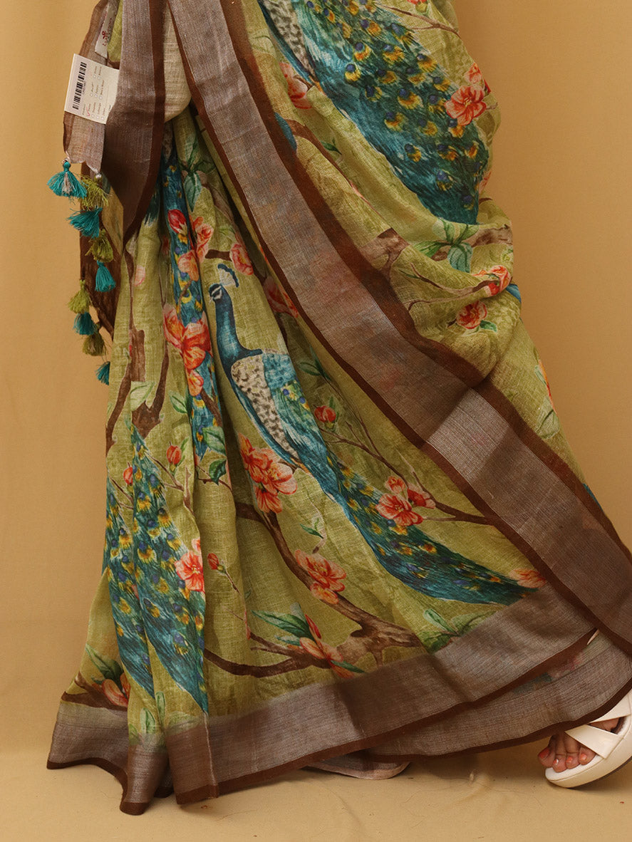 Green Digital Printed Linen Saree - Luxurion World