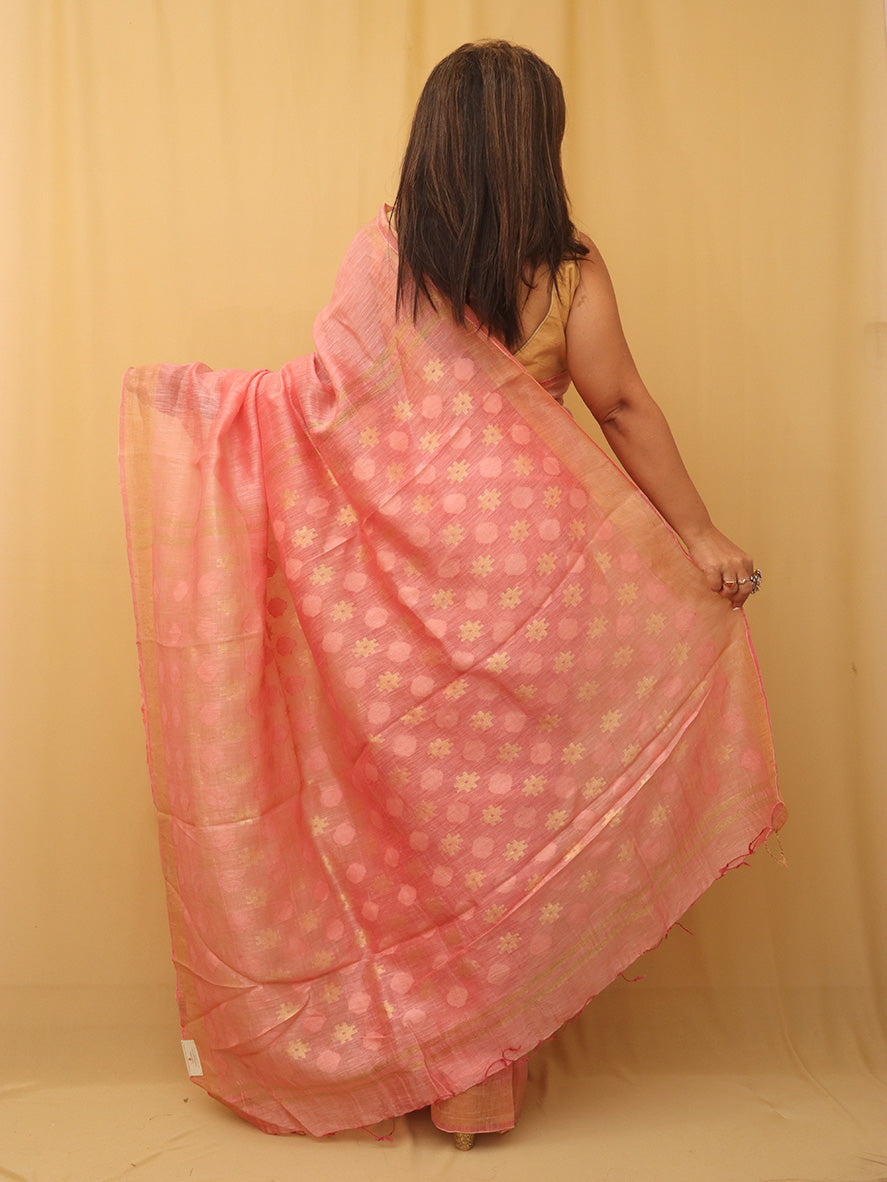 Pink Bhagalpur Linen Silk Heavy Pallu Saree - Luxurion World