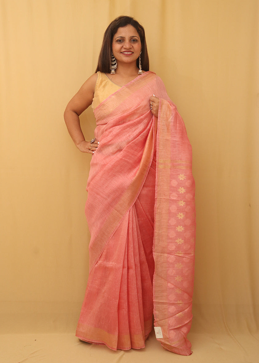 Pink Bhagalpur Linen Silk Heavy Pallu Saree - Luxurion World