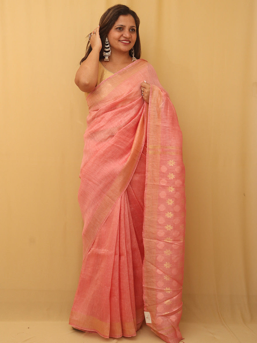 Pink Bhagalpur Linen Silk Heavy Pallu Saree - Luxurion World