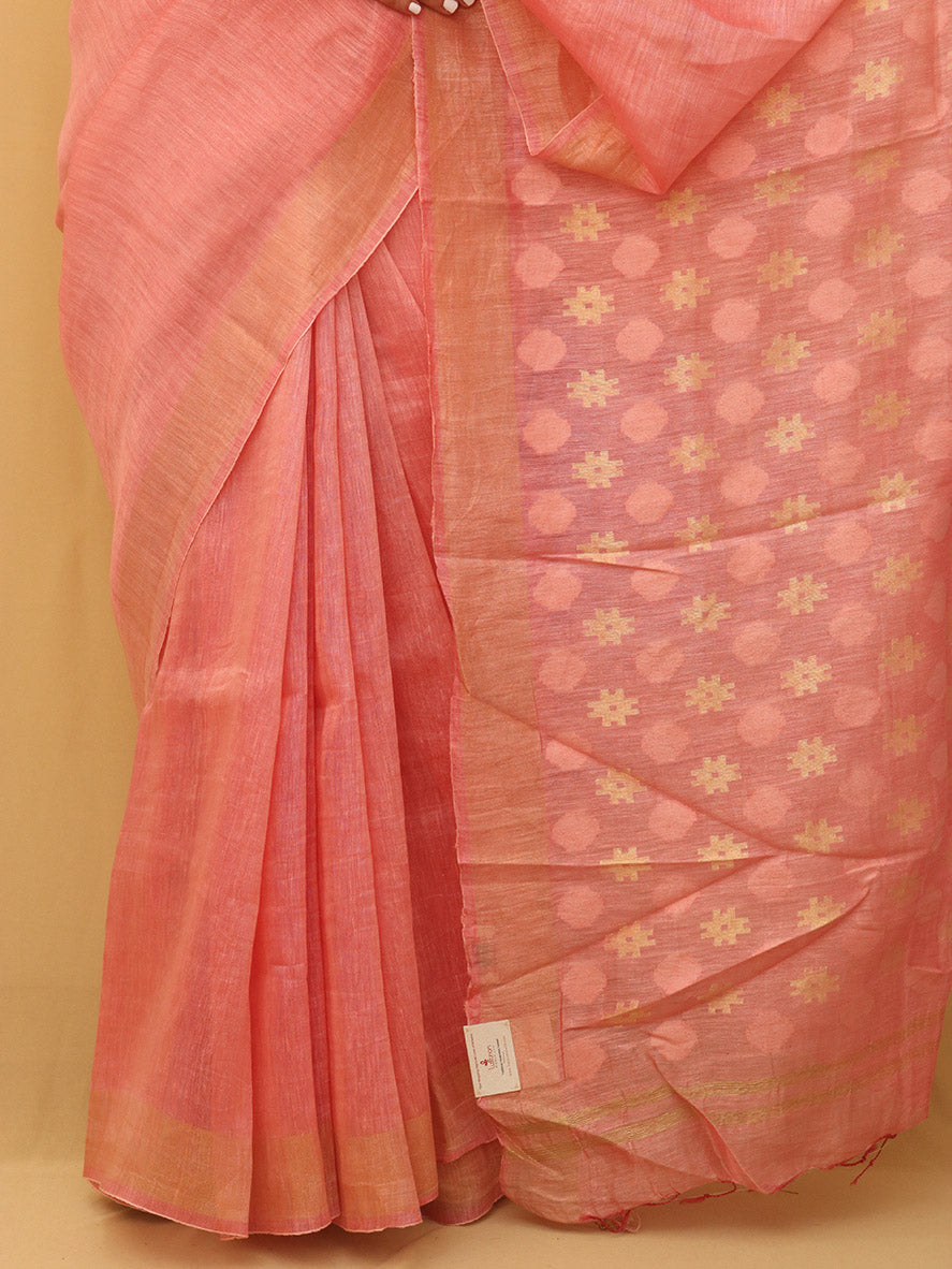 Pink Bhagalpur Linen Silk Heavy Pallu Saree - Luxurion World