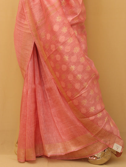 Pink Bhagalpur Linen Silk Heavy Pallu Saree - Luxurion World