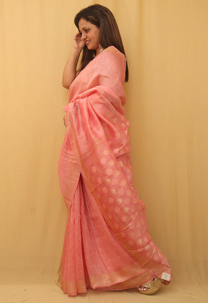 Pink Bhagalpur Linen Silk Heavy Pallu Saree - Luxurion World
