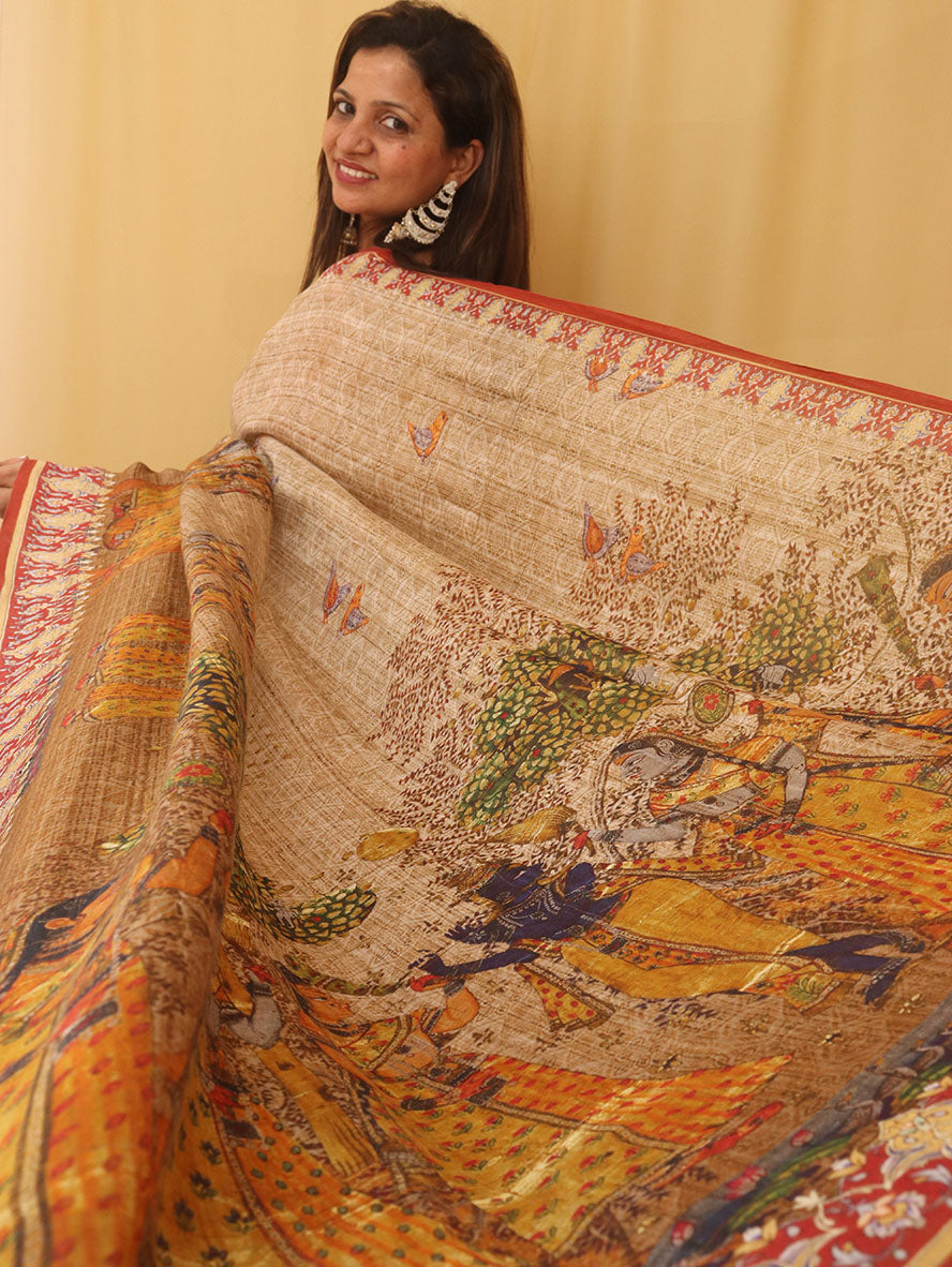Multicolor Digital Printed Linen Saree - Luxurion World