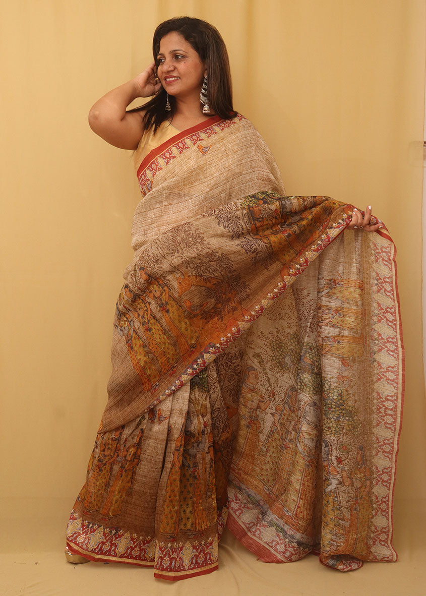 Multicolor Digital Printed Linen Saree - Luxurion World