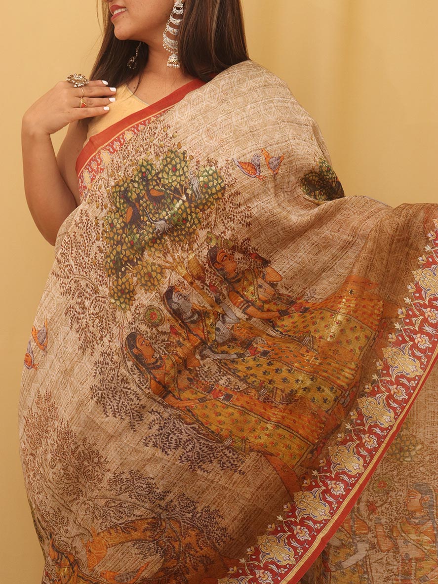 Multicolor Digital Printed Linen Saree - Luxurion World
