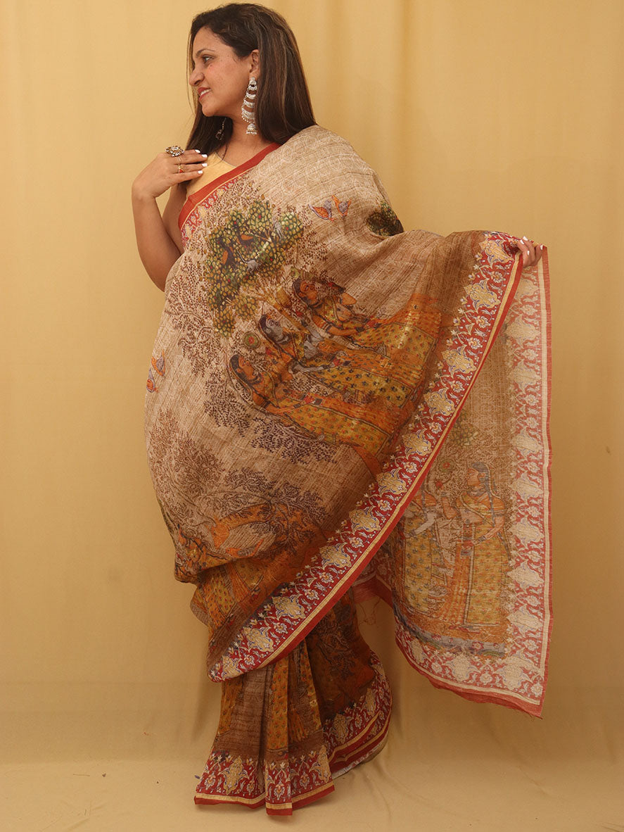 Multicolor Digital Printed Linen Saree - Luxurion World