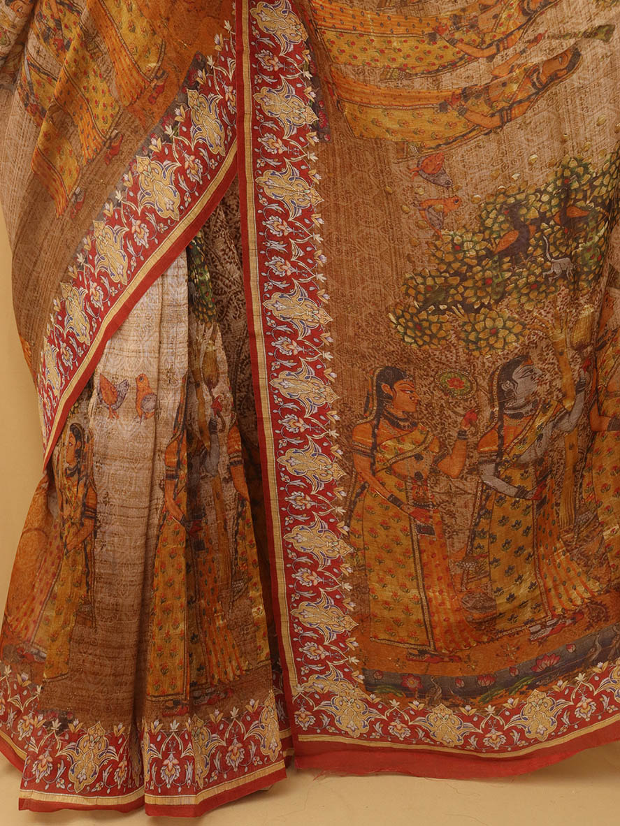 Multicolor Digital Printed Linen Saree