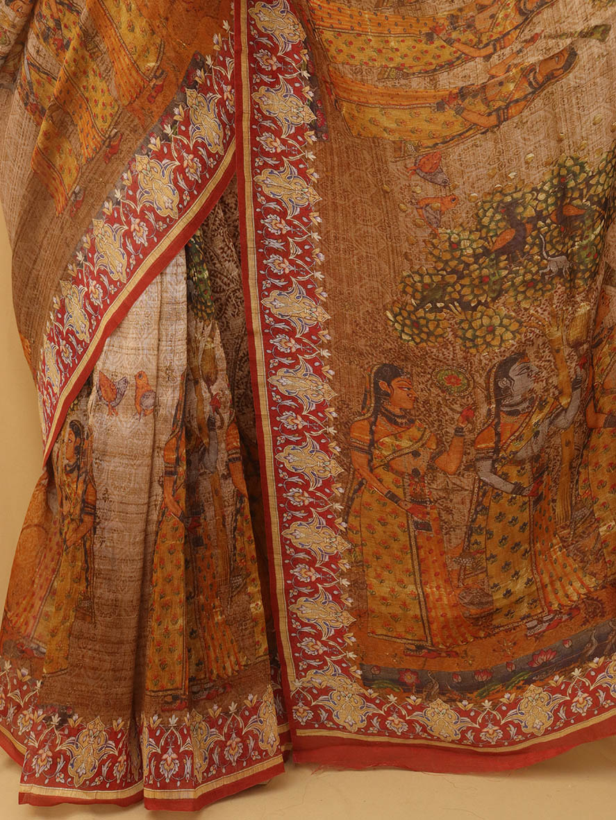 Multicolor Digital Printed Linen Saree - Luxurion World