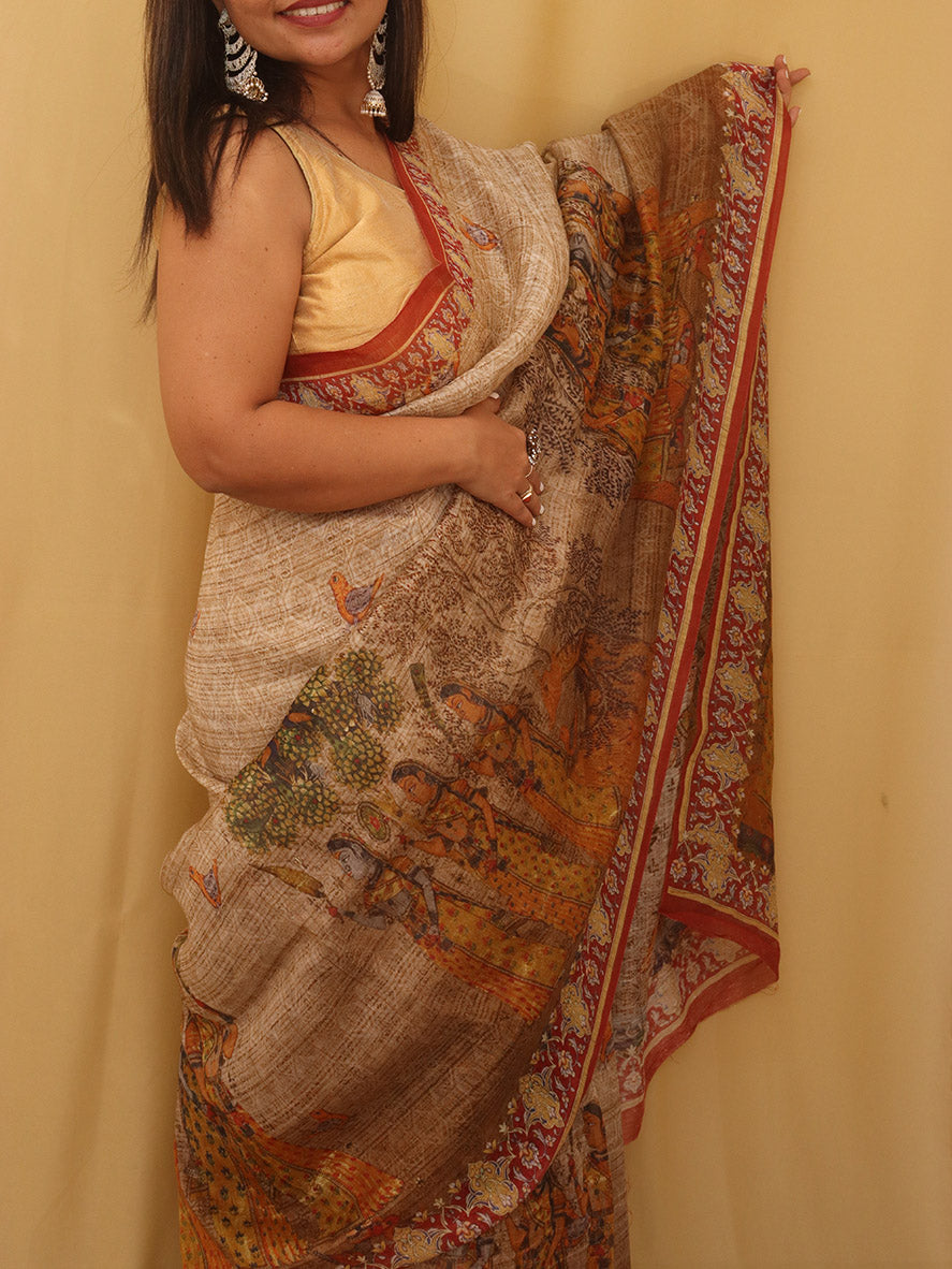 Multicolor Digital Printed Linen Saree - Luxurion World