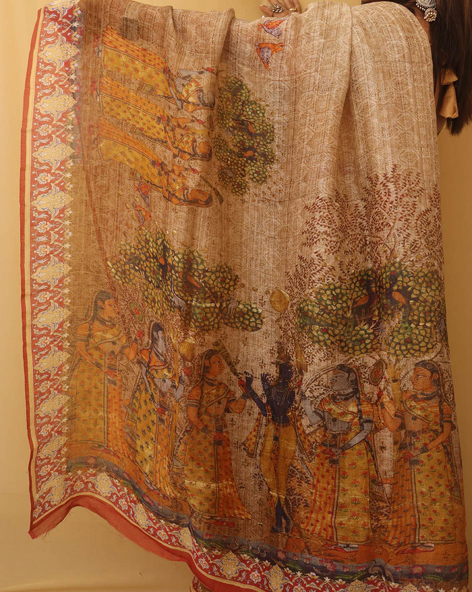 Multicolor Digital Printed Linen Saree - Luxurion World