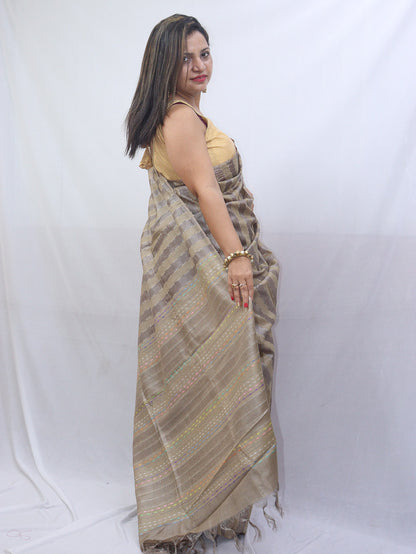 Exquisite Pastel Handloom Bhagalpur Tussar Ghicha Silk Saree