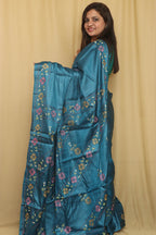 Exquisite Blue Hand Embroidered Kantha Bhagalpur Tussar Silk Saree - Luxurion World