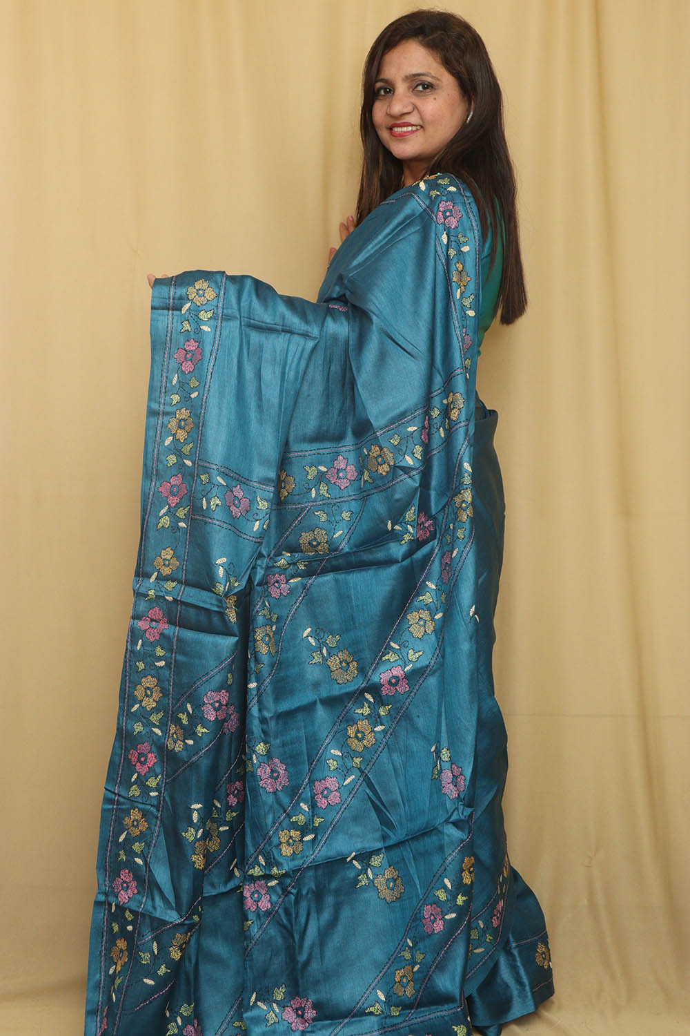 Exquisite Blue Hand Embroidered Kantha Bhagalpur Tussar Silk Saree - Luxurion World