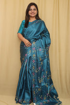 Exquisite Blue Hand Embroidered Kantha Bhagalpur Tussar Silk Saree - Luxurion World