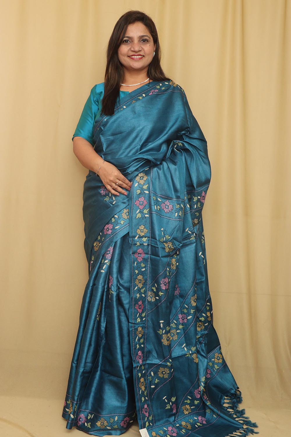 Exquisite Blue Hand Embroidered Kantha Bhagalpur Tussar Silk Saree - Luxurion World
