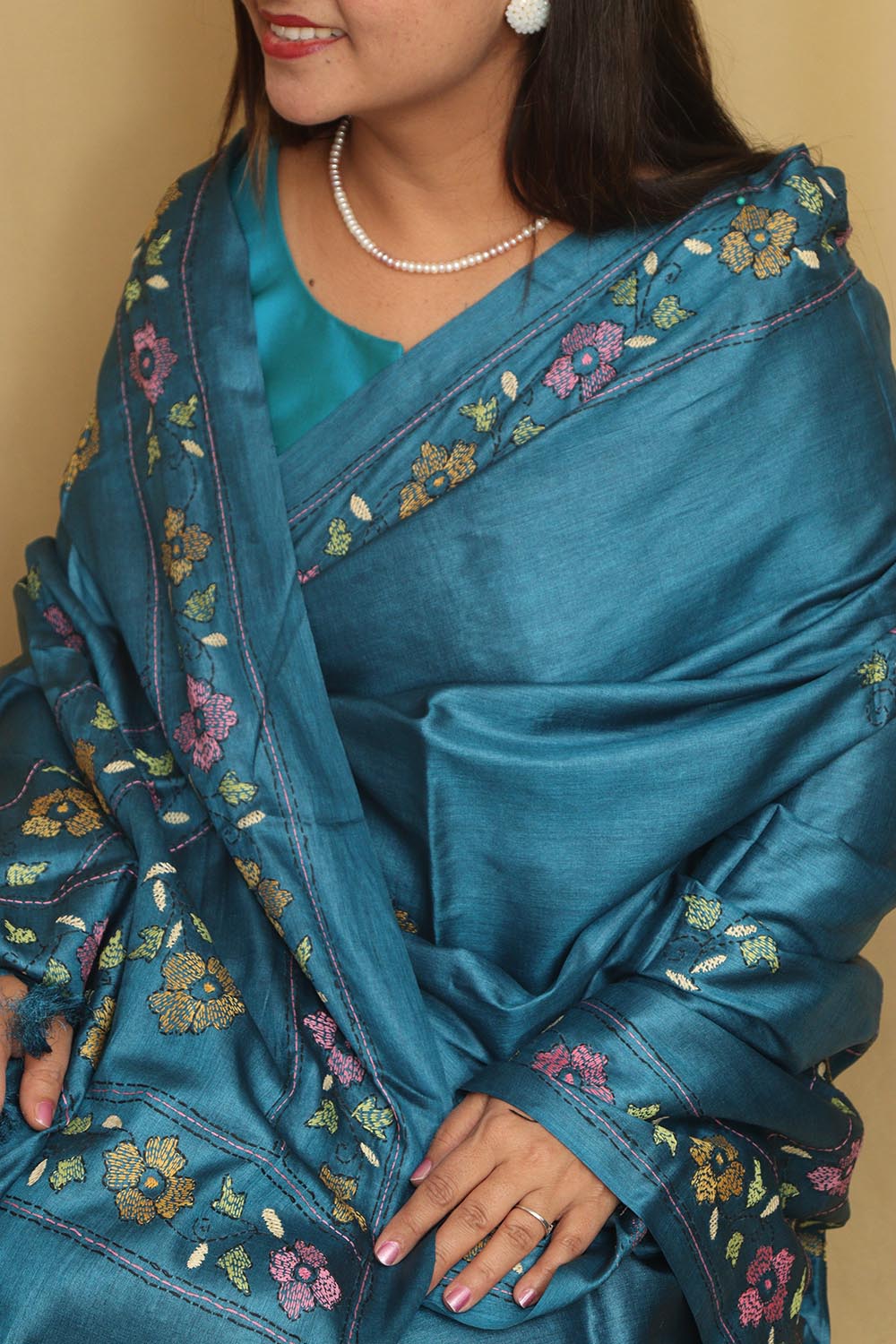 Exquisite Blue Hand Embroidered Kantha Bhagalpur Tussar Silk Saree - Luxurion World