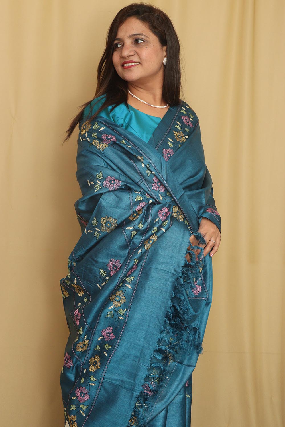 Exquisite Blue Hand Embroidered Kantha Bhagalpur Tussar Silk Saree - Luxurion World