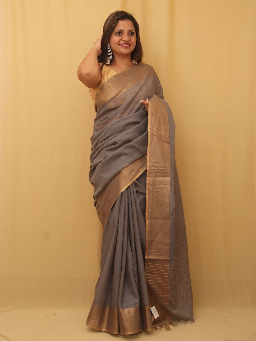Grey Handloom Bhagalpur Linen Saree - Luxurion World