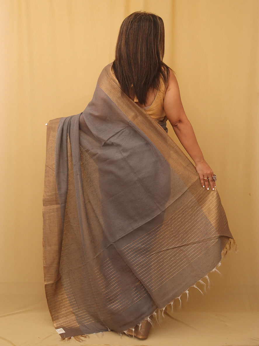 Grey Handloom Bhagalpur Linen Saree - Luxurion World