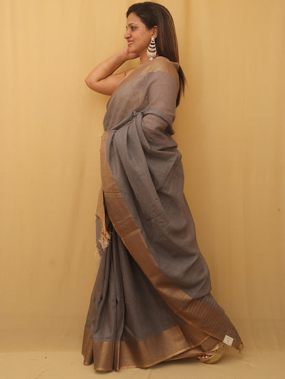 Grey Handloom Bhagalpur Linen Saree - Luxurion World