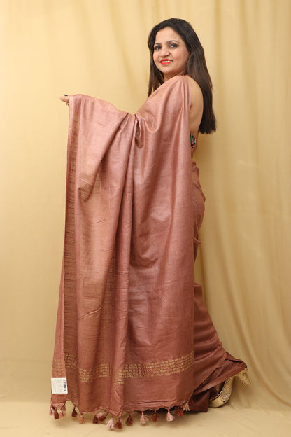 Elegant Brown Linen Cotton Shaded Saree from Bhagalpur - Luxurion World