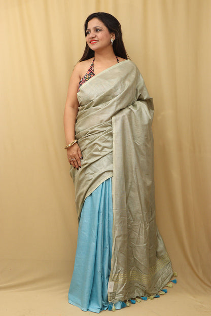 Elegant Grey And Blue Linen Cotton Shaded Saree from Bhagalpur - Luxurion World