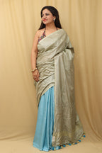 1 min Ready To Wear - Grey And Blue Linen Cotton Shaded Saree from Bhagalpur - Luxurion World