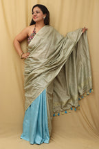 1 min Ready To Wear - Grey And Blue Linen Cotton Shaded Saree from Bhagalpur - Luxurion World