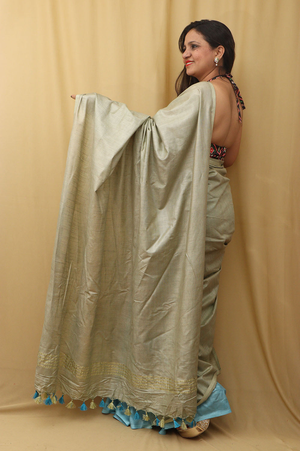 Elegant Grey And Blue Linen Cotton Shaded Saree from Bhagalpur - Luxurion World
