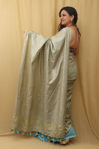 1 min Ready To Wear - Grey And Blue Linen Cotton Shaded Saree from Bhagalpur - Luxurion World