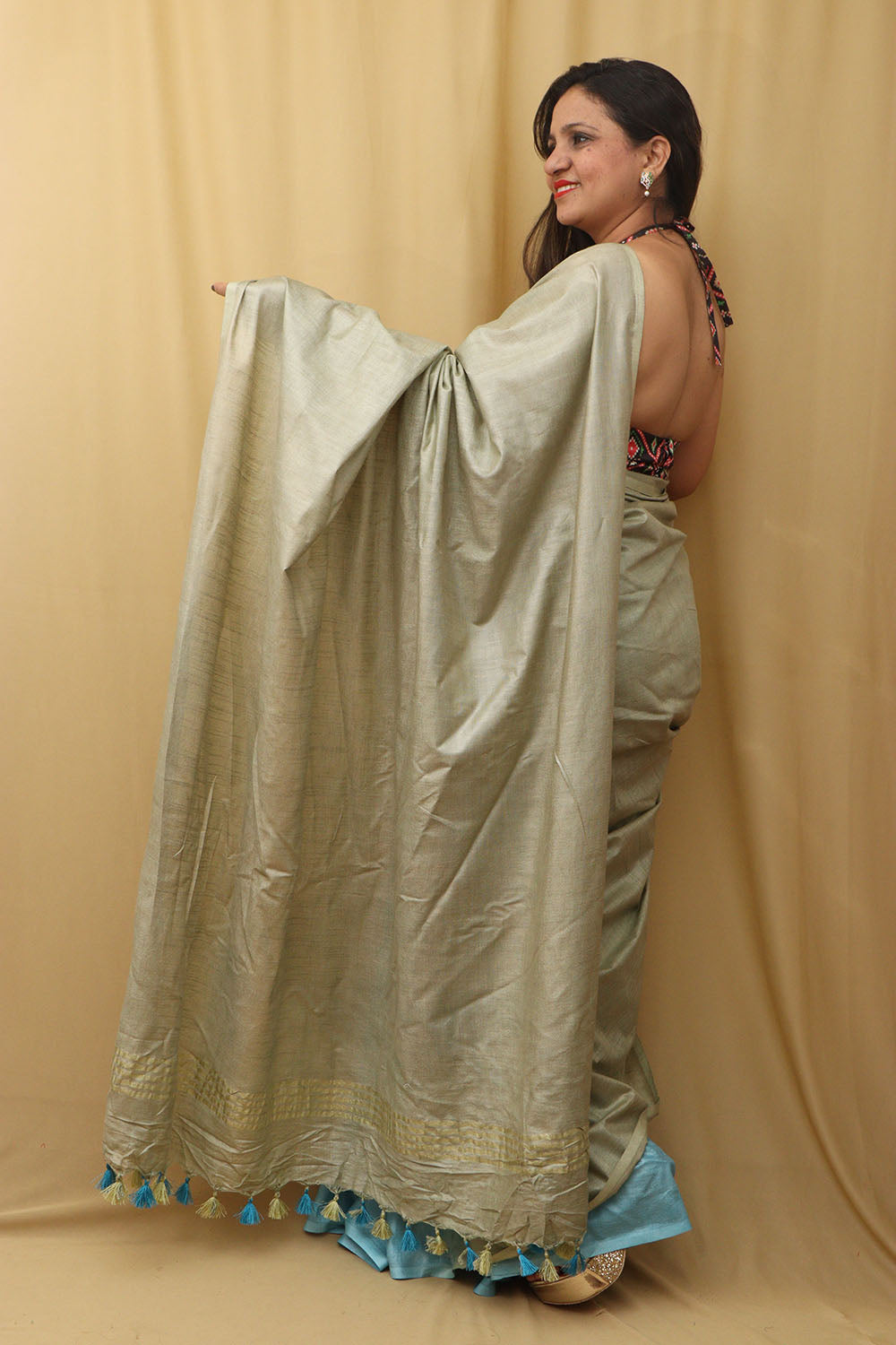 1 min Ready To Wear - Grey And Blue Linen Cotton Shaded Saree from Bhagalpur - Luxurion World