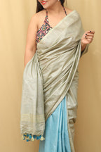 1 min Ready To Wear - Grey And Blue Linen Cotton Shaded Saree from Bhagalpur - Luxurion World