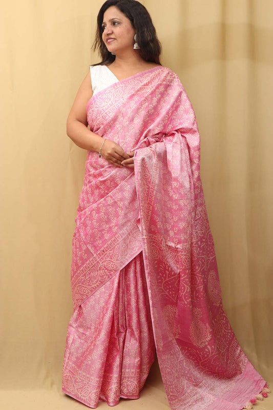 Stunning Pink Bhagalpur Silk Saree - Elegant and Timeless