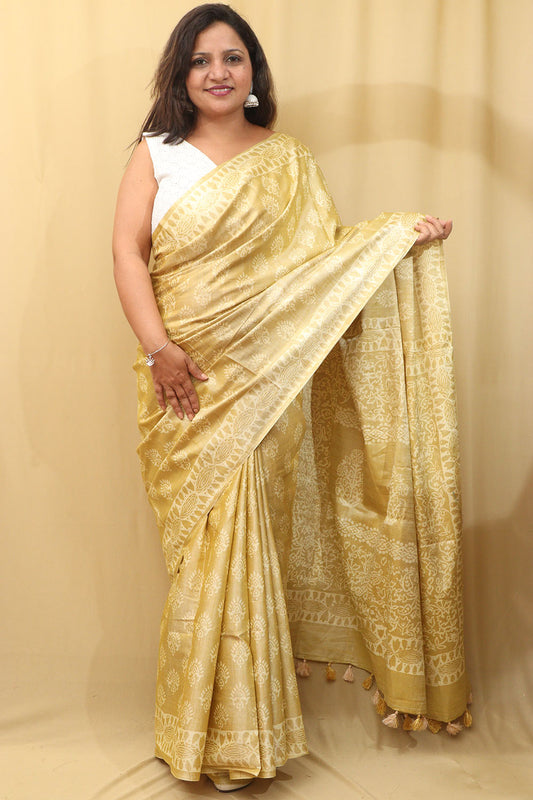 Stunning Yellow Bhagalpur Silk Saree - Elegant and Timeless