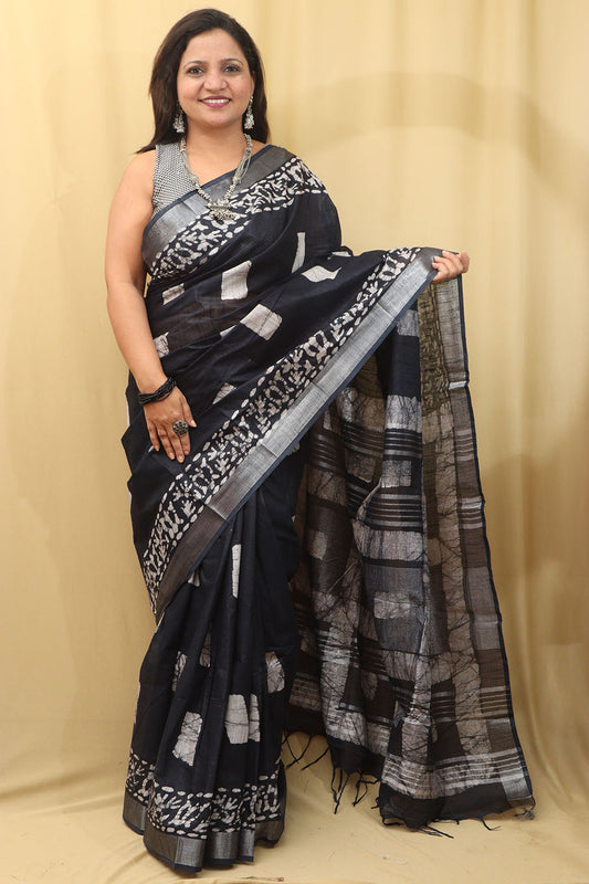 Elegant Dark Blue Linen Saree: Bhagalpur Beauty