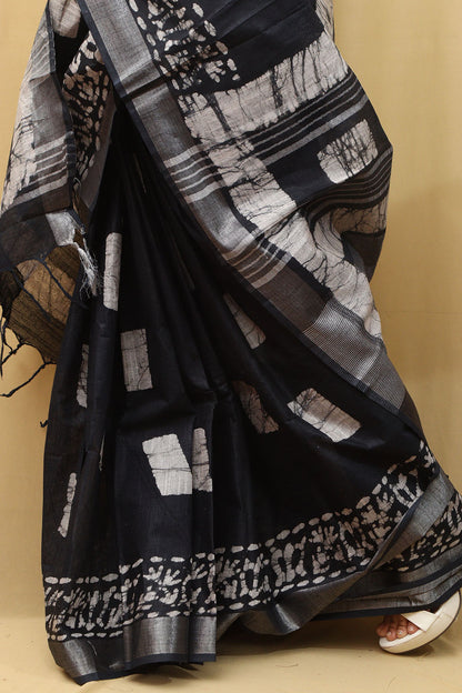 Elegant Dark Blue Linen Cotton Saree: Bhagalpur Beauty - Luxurion World