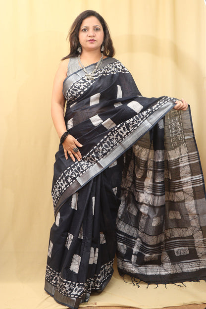 Elegant Dark Blue Linen Cotton Saree: Bhagalpur Beauty - Luxurion World