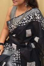 Elegant Dark Blue Linen Cotton Saree: Bhagalpur Beauty - Luxurion World